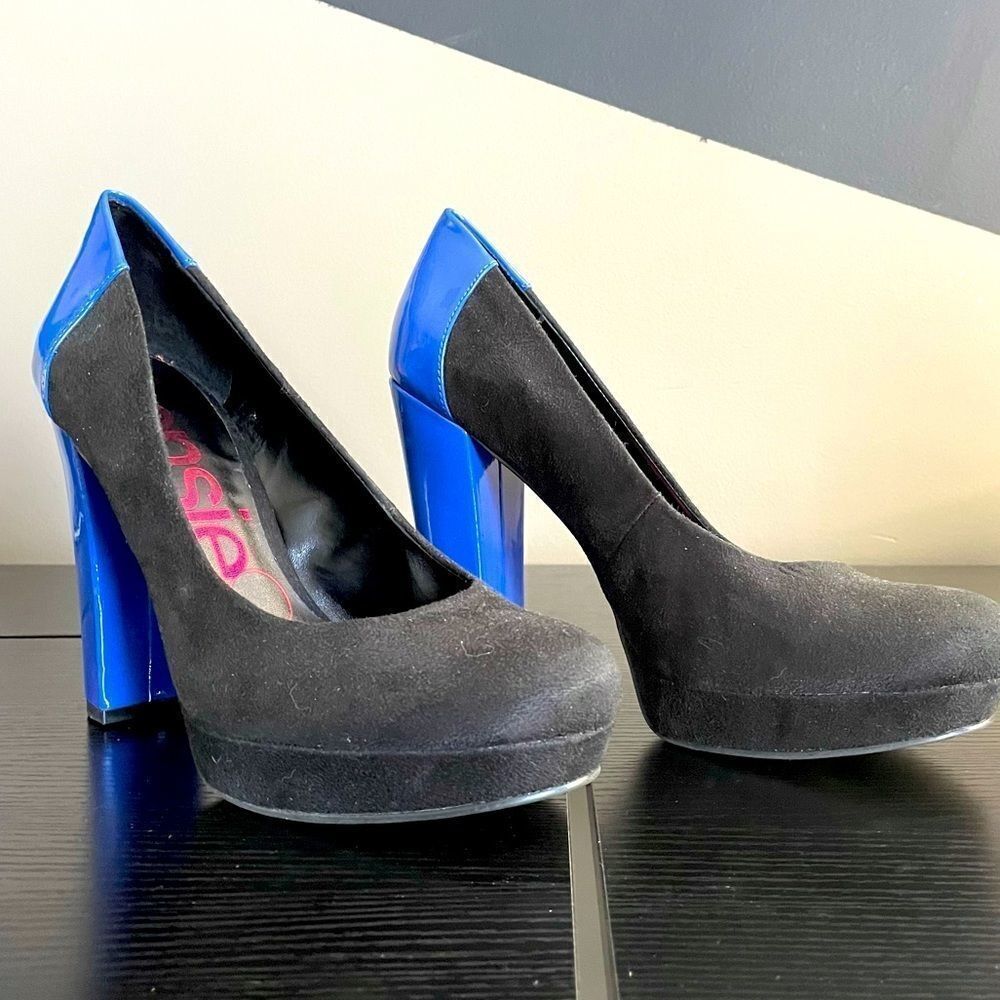 Kensie Girl Platform Black Suede Blue Patent Leather Round Toe Chunk Heel, 9 1/2